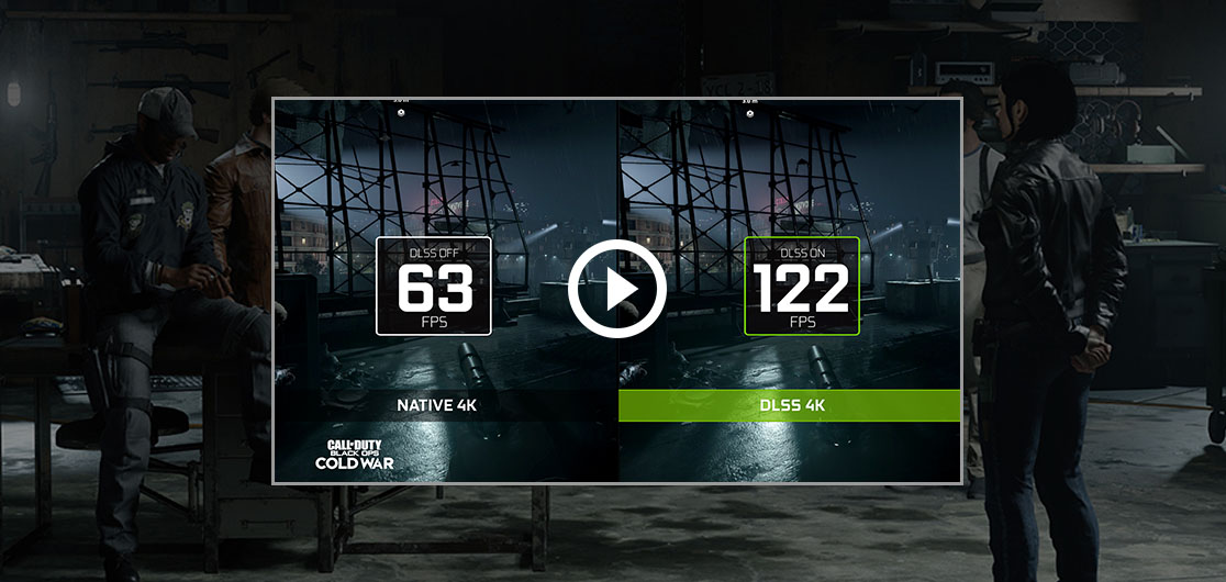 Schermata comparativa di "Call of Duty: Black Ops Cold War" con DLSS disattivato (63 FPS) e attivato (122 FPS).