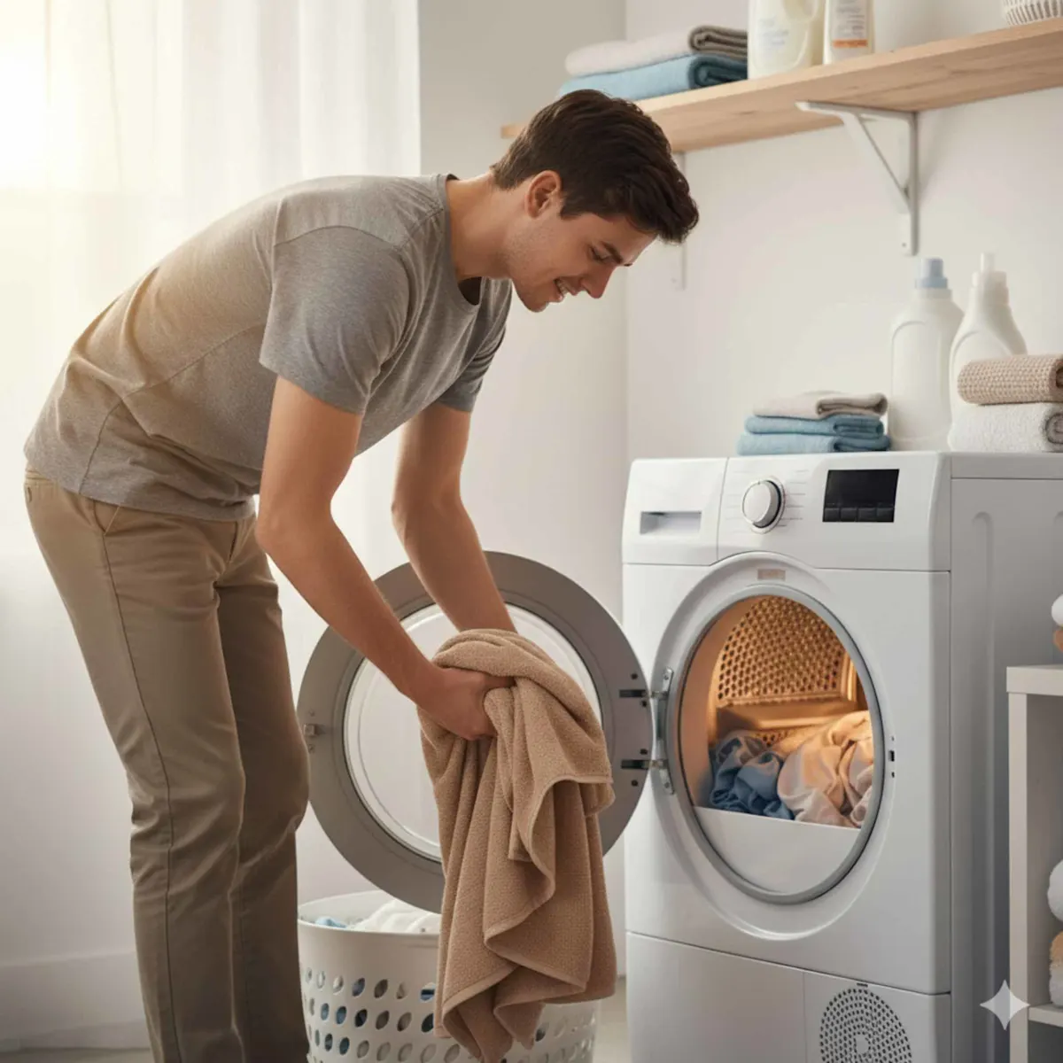 ragazzo che carica l'asciugatrice