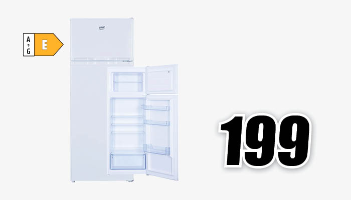 Frigorifero bianco con etichetta energetica e ripiani aperti, accanto al numero 199 in nero su sfondo bianco.