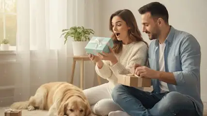 Due fidanzati sorridono entusiasti dei regali