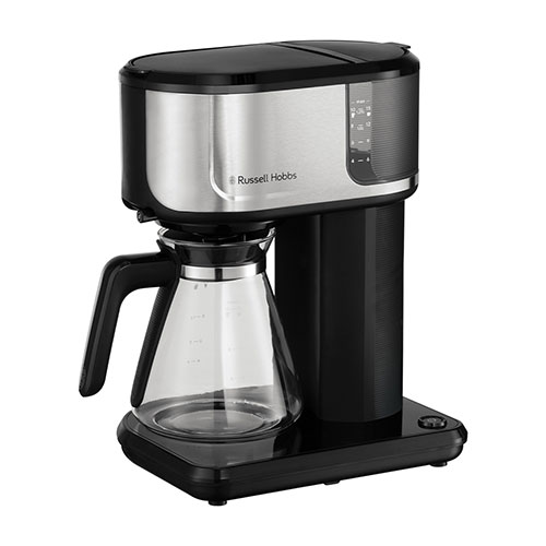 Macchina da caff� Russell Hobbs nera e argento con caraffa in vetro trasparente. La base � nera e lucida.
