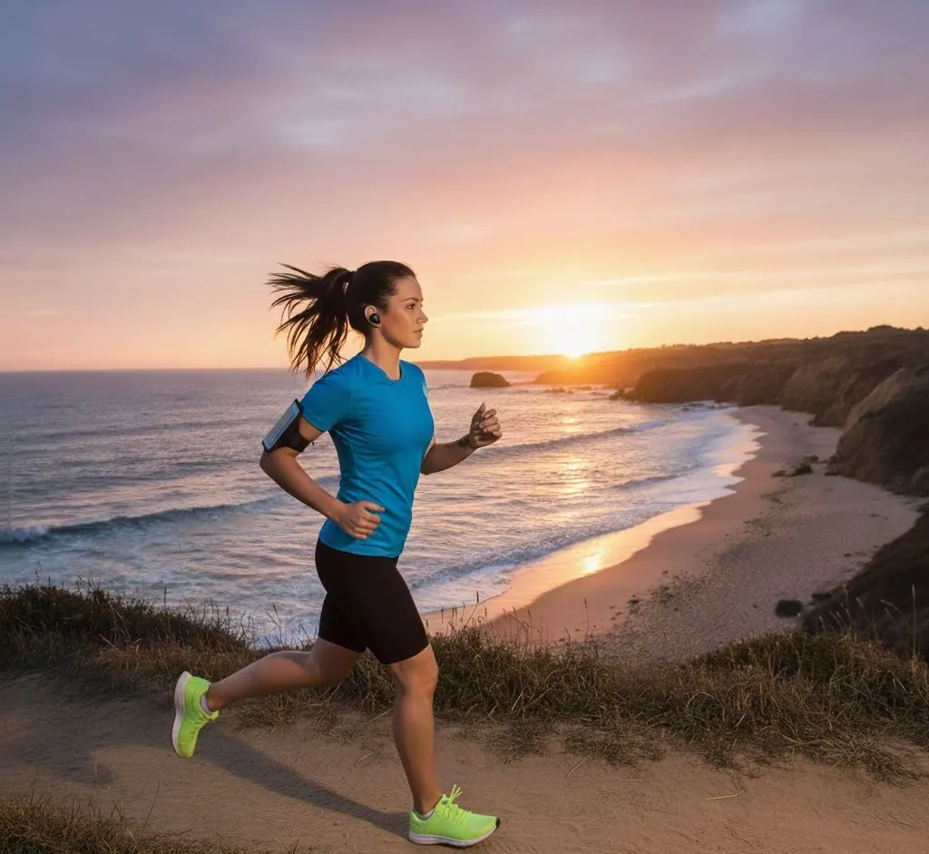 ragazza che corre in spiaggia con le cuffie in-ear