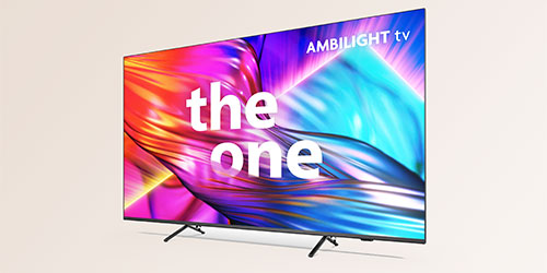 TV con schermo che mostra scritte bianche "the one". Sfondo con colori vivaci: rosa, viola, blu e scritta "AMBILIGHT TV".