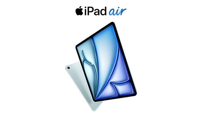 Due iPad su sfondo bianco. Uno mostra lo schermo blu, l'altro � bianco e visibile parzialmente. In alto il logo Apple e "iPad Air".