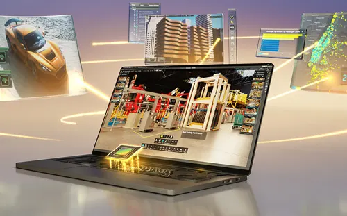 Laptop aperto mostra un progetto 3D. Altri schermi mostrano auto, edifici e dati, collegati da linee luminose.