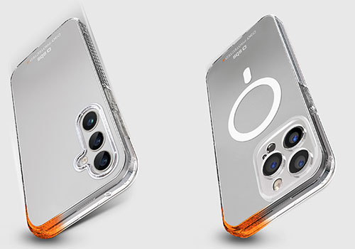 Due custodie trasparenti per smartphone con bordi arancioni, che mostrano obiettivi della fotocamera e anello di ricarica wireless.