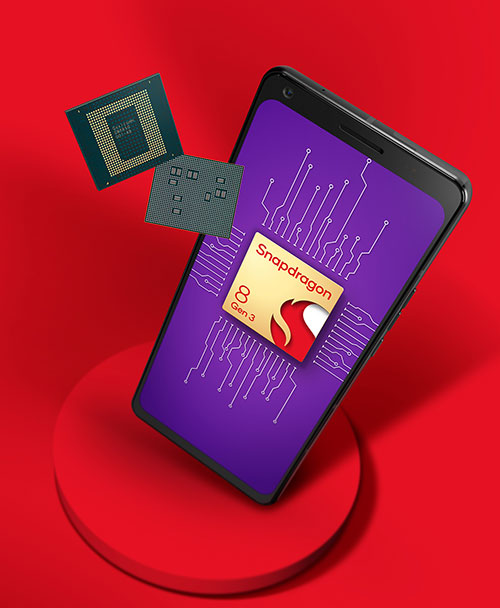 Telefono con schermo viola che mostra il logo Snapdragon, CPU e sfondo rosso.