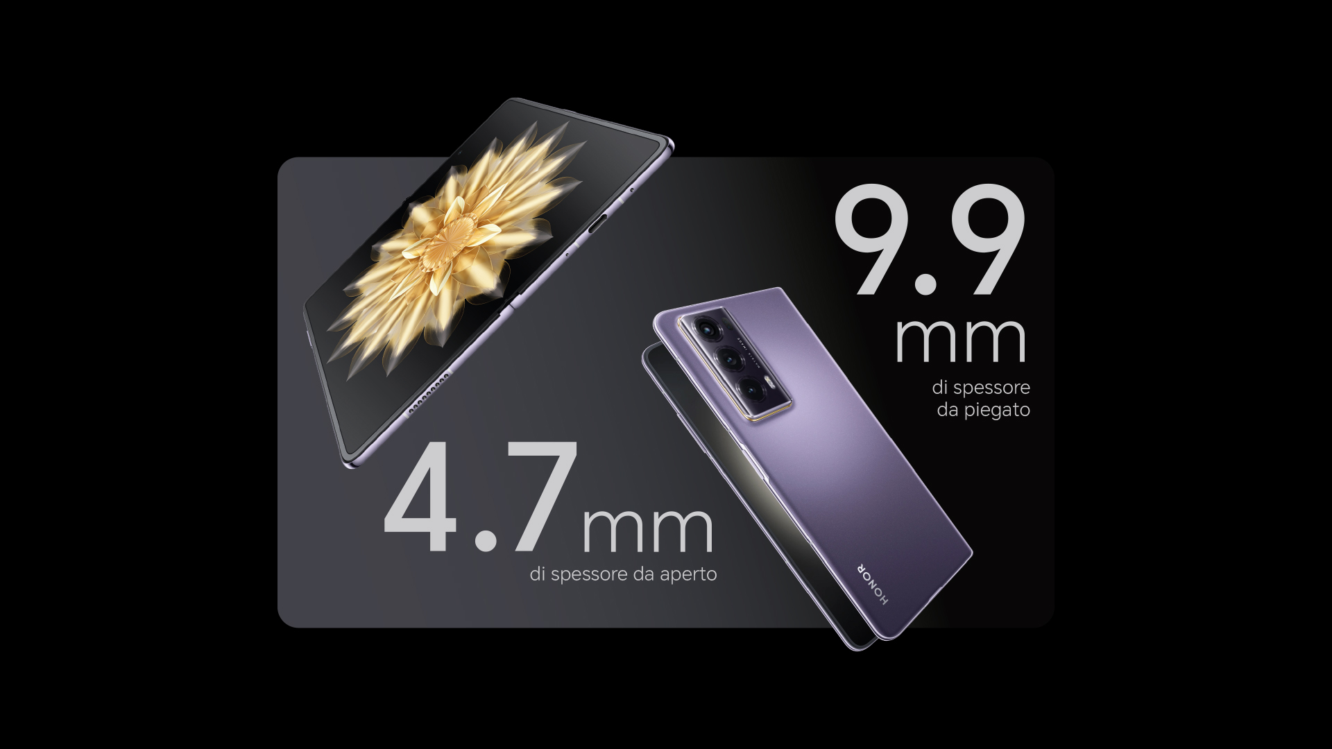 Due smartphone mostrano spessore aperto di 4.7mm e chiuso di 9.9mm. Uno ha schermo con fiore dorato e l'altro � viola.