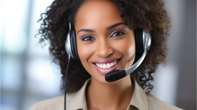 Una persona sorridente indossa cuffie con microfono, con sfondo sfocato.