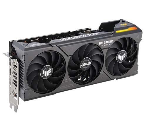 Scheda grafica nera con tre ventole, etichette "GEFORCE RTX" e "TUF GAMING", connettori metallici a vista.