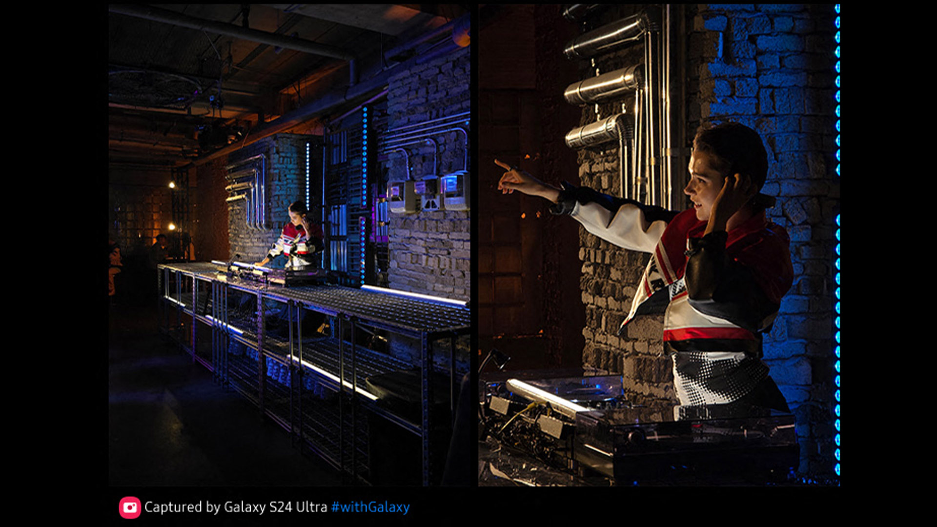 Donna DJ che indica in uno spazio illuminato al neon, con pareti di mattoni e tubi a vista.