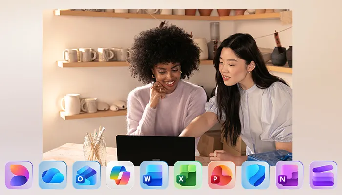 due ragazze davanti ad un notebook. In basso tutte le icone di Microsoft 365