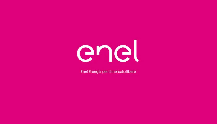 Sfondo magenta con logo Enel bianco, slogan "La Prima Vera Energia" e decorazioni floreali agli angoli.