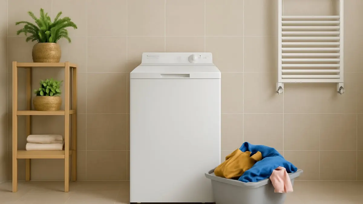 una lavatrice slim con carica dall'alto inserita in un bagno