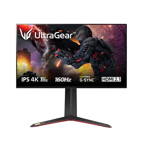 Monitor nero con logo rosso "UltraGear". Lo schermo mostra un personaggio in armatura scura su sfondo urbano sfocato. Base a V nera con dettagli rossi.