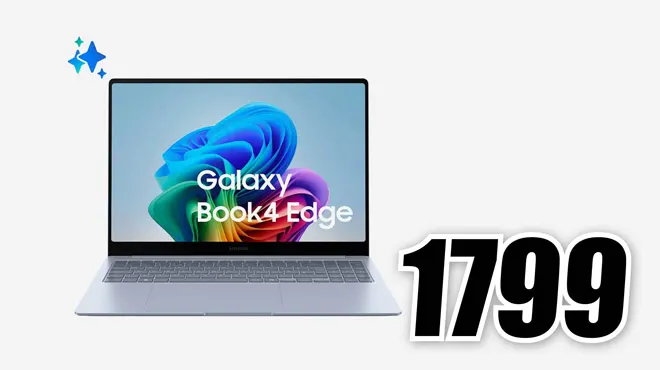 Un portatile Galaxy Book4 Edge con uno sfondo floreale colorato. Il prezzo di 1799 è visualizzato a destra.