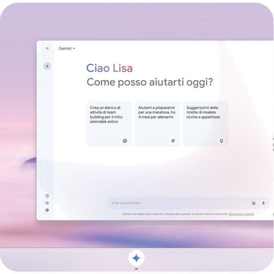 Schermata digitale bianca con testo "Ciao Lisa. Come posso aiutarti oggi?" e tre opzioni di attività. Sfondo sfumato viola.