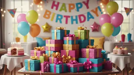 Tanti pacchi regalo in una stanza come preparativi di una festa di compleanno