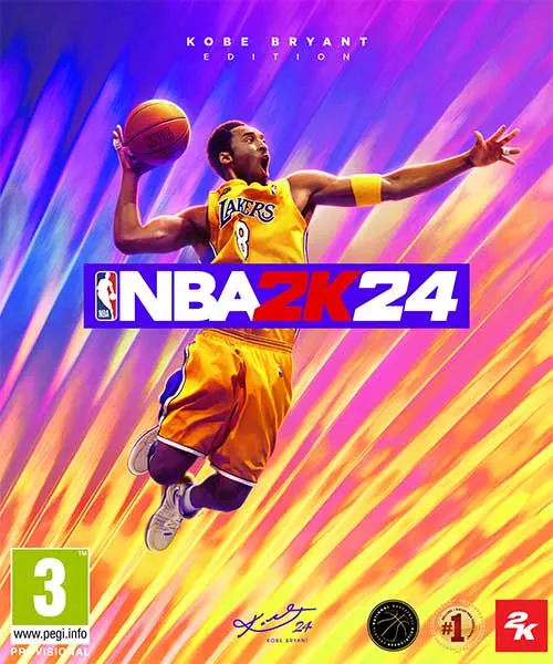 Un giocatore di basket in divisa gialla con pallone su sfondo a strisce colorate. Logo NBA 2K24 in primo piano.