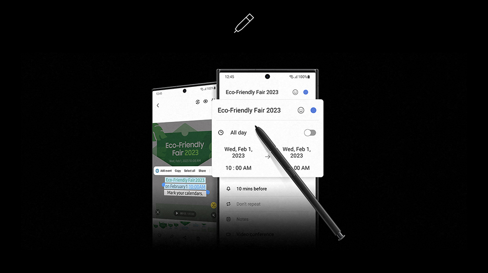 Due telefoni mostrano la schermata "Eco-Friendly Fair 2023" con opzioni di calendario e una penna nera.