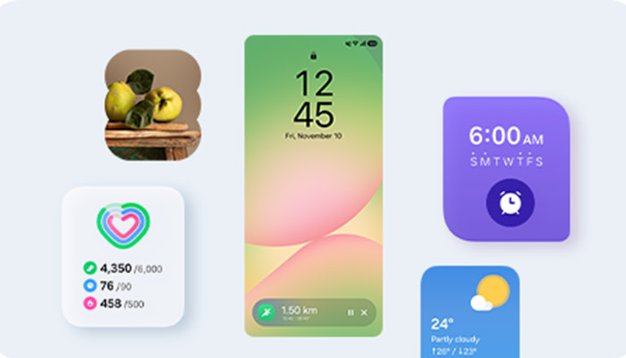 Display di telefono con widget: orario, data, passi, meteo, e natura morta con frutta. Sfondo bianco.