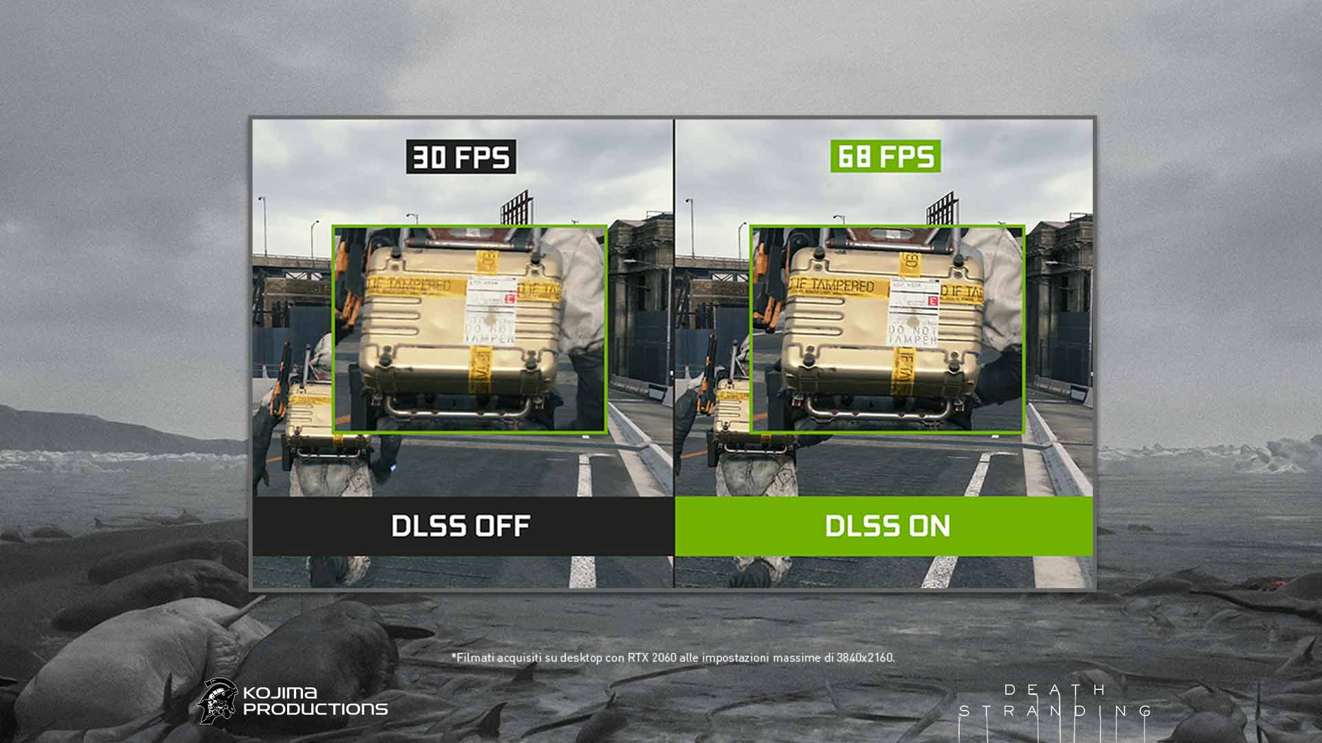 Due schermi affiancati mostrano un gioco con DLSS disattivato (30 FPS) e attivato (68 FPS). Sullo sfondo, un paesaggio urbano e montagne.