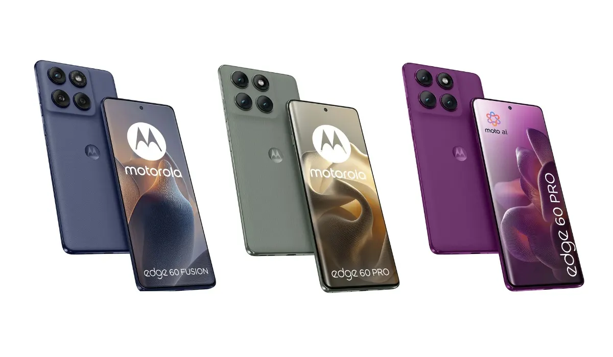Tre telefoni Motorola Edge in blu, verde e viola su sfondo bianco. Gli schermi mostrano il logo Motorola.