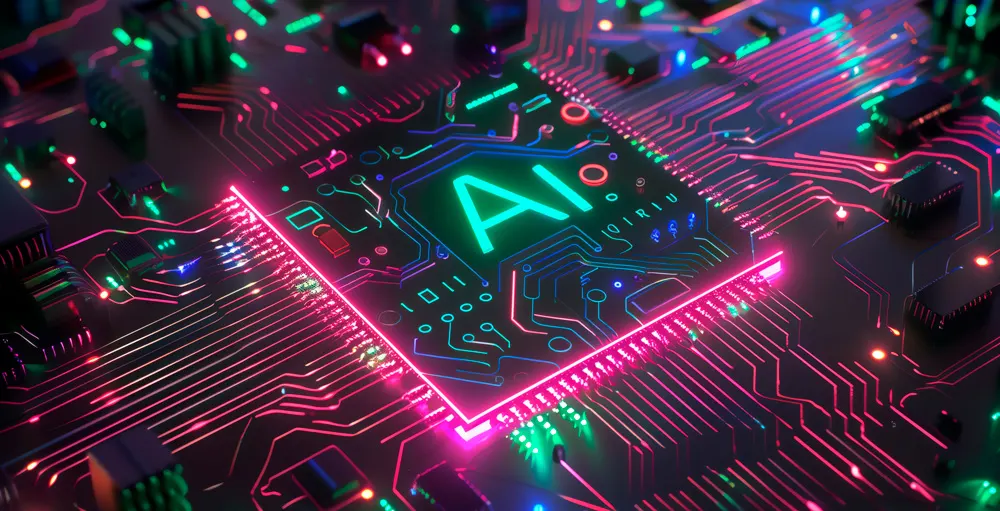 Circuito con la scritta "AI" illuminata in verde, linee rosa e componenti elettronici colorati.