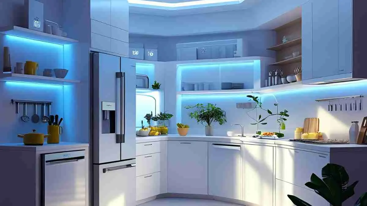 Interni di una cucina moderna con donna in impermeabile, lavello, forno e armadi bianchi.