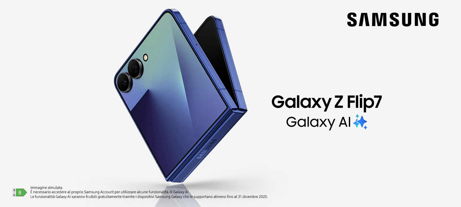 Samsung galaxy Z Flip7 Blu su sfondo grigio con lolo della SAMSUNG