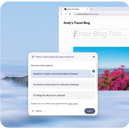 Screenshot di un blog di viaggi con suggerimenti per titoli su Santorini, con sullo sfondo fiori fucsia e montagne.