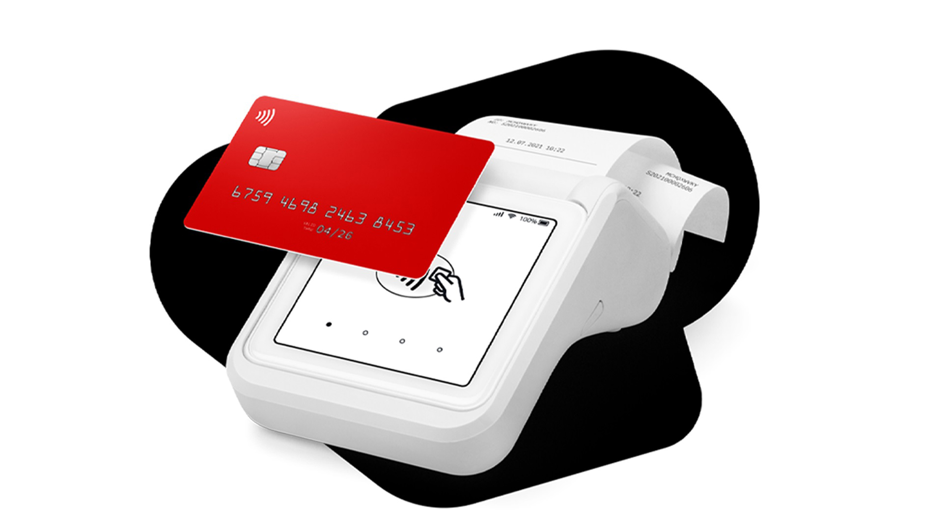 Carta rossa su POS bianco con stampa e rotolo di carta, su sfondo nero e bianco.