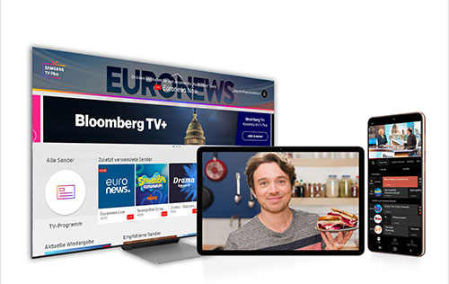 TV con Euronews, tablet con uomo che cucina, e cellulare con app video su sfondo bianco.