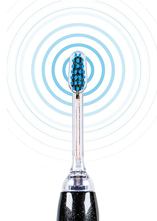 Spazzolino elettrico con setole blu, onde concentriche azzurre sullo sfondo bianco.