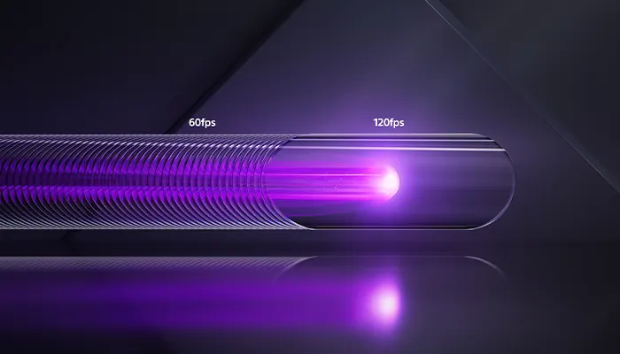 Tubo orizzontale con luce viola intensa che emana da un'estremità. "60fps" e "120fps" indicano frequenze di fotogrammi.