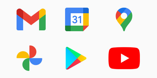 L'immagine mostra sei icone di app colorate su sfondo bianco: Gmail, Calendar, Maps, Foto, Play e YouTube.