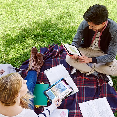 Due persone sedute su una coperta a quadri sull'erba guardano dei tablet. Libri e una borsa sono sparsi intorno a loro.