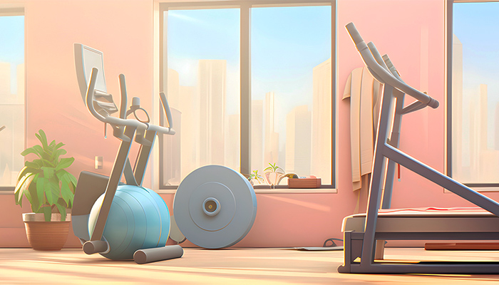 Interno con tapis roulant, ellittica, palla da ginnastica, peso, pianta in vaso e finestra con vista sulla città.