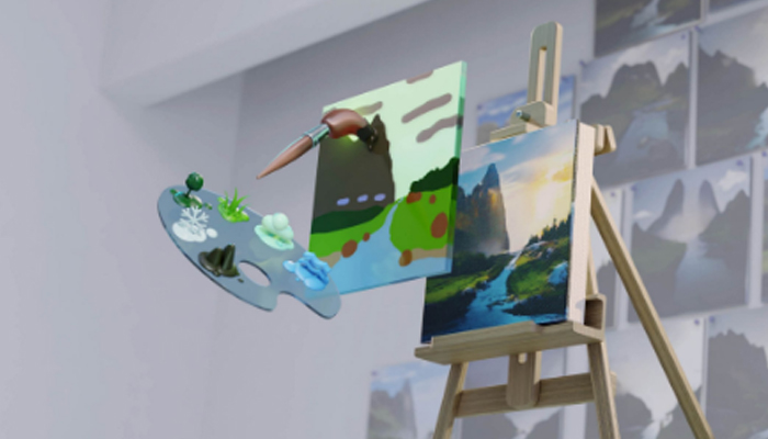 Cavalletto con tela, tavolozza con colori e pennello. Sullo sfondo, schizzi di montagne.