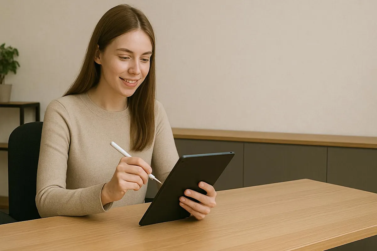 ragazza seduta alla scrivania che usa il tablet