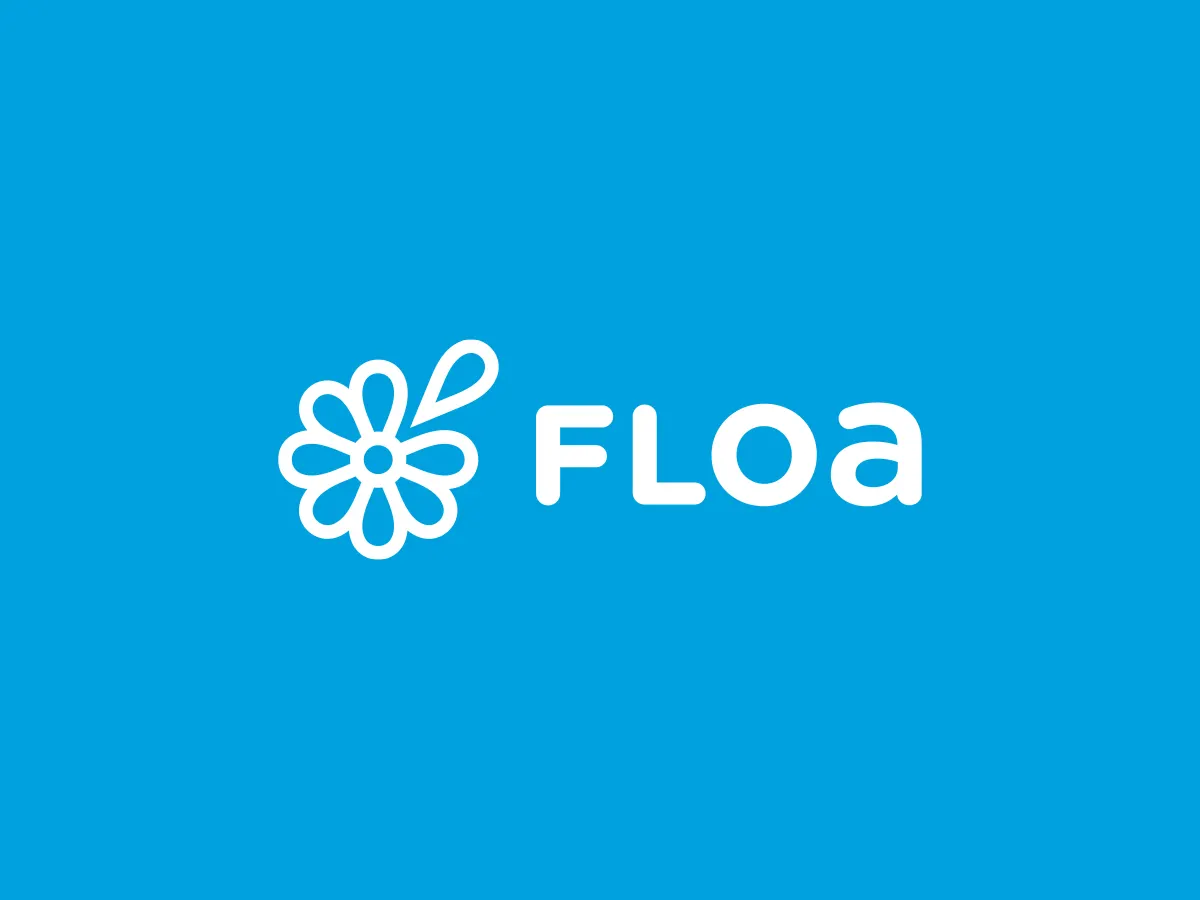 Logo bianco "Floa" con icona di fiore su sfondo azzurro.