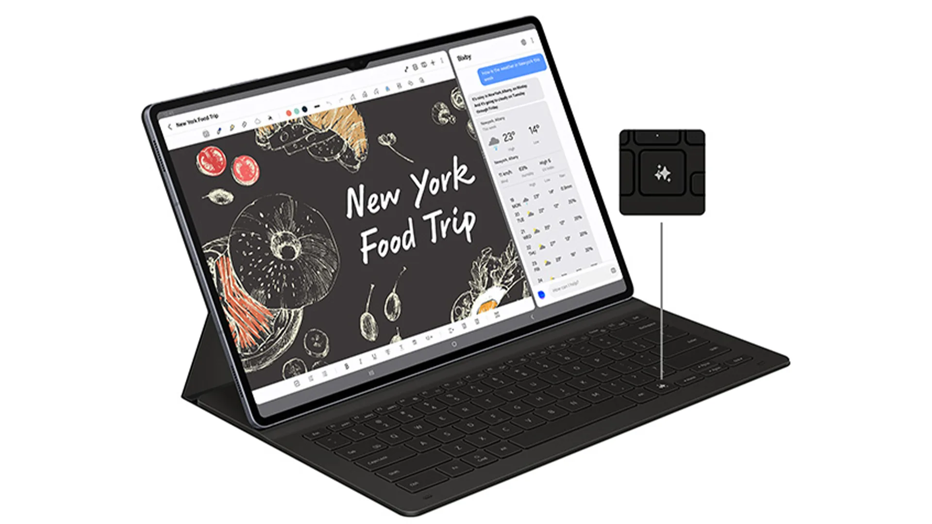 Tablet con tastiera nera, schermo diviso tra note di viaggio culinario e meteo. Una penna nera è visibile a lato.