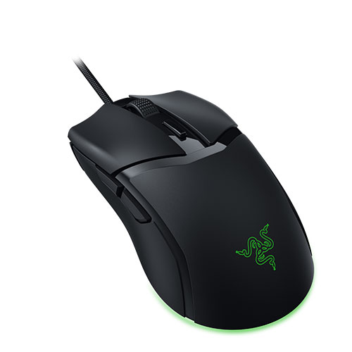 Mouse da gioco nero con cavo, due pulsanti superiori e logo verde. La base emette luce verde.