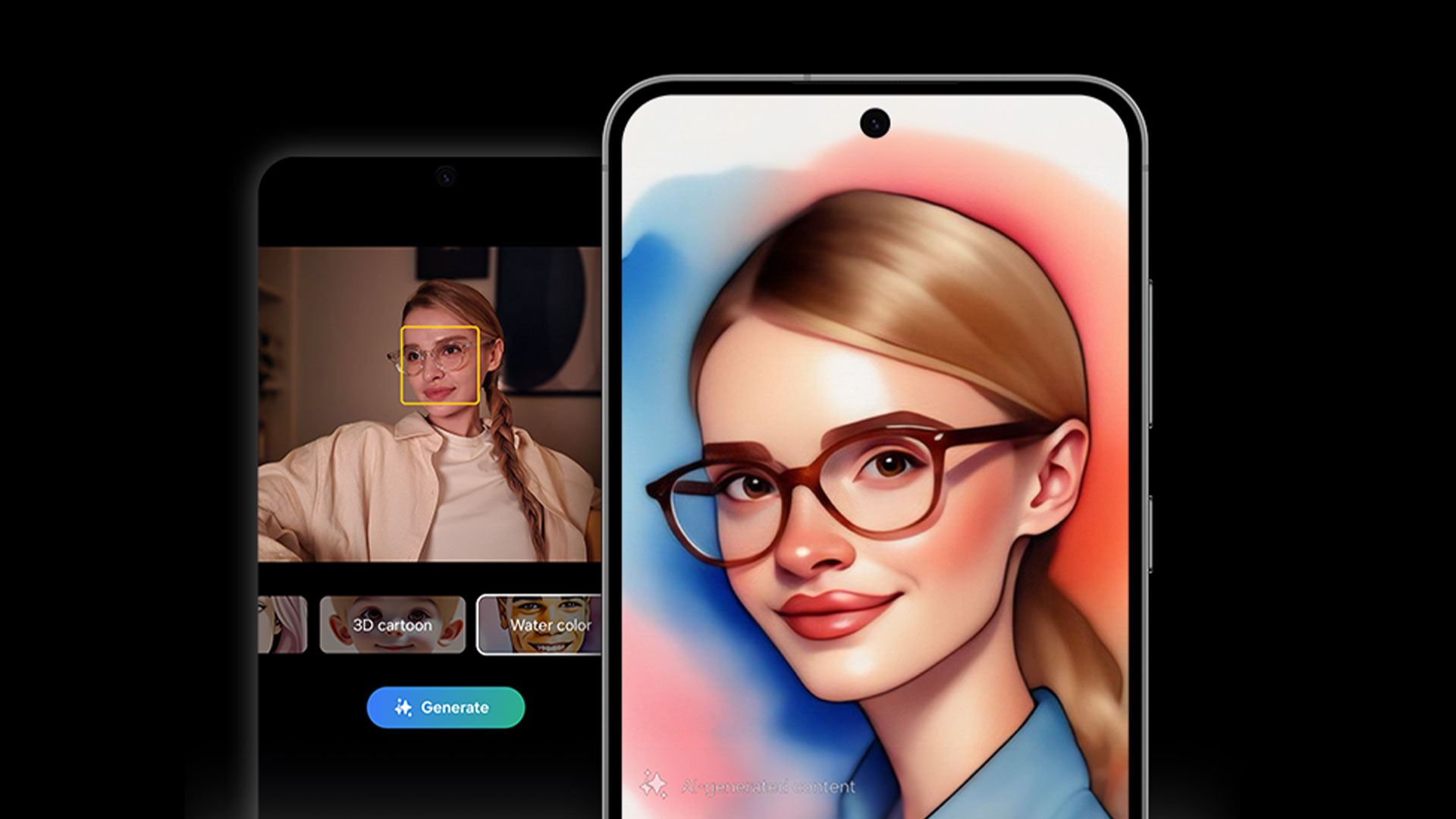 Su schermi di smartphone, una persona con occhiali, in foto e come immagine artistica. Pulsante "Genera".