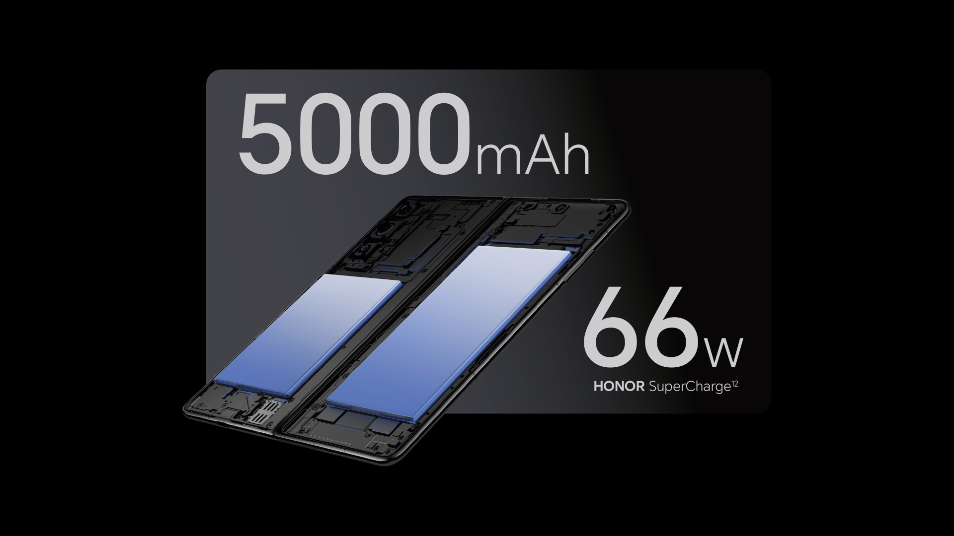 Display che mostra un telefono aperto con una batteria blu e le scritte "5000mAh" e "66w HONOR SuperCharge".
