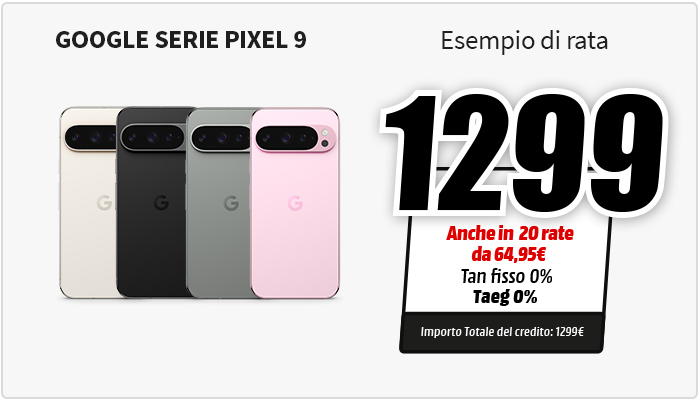 Quattro Google Pixel 9: bianco, nero, grigio e rosa. Offerta a 1299€ o 20 rate da 64,95€, TAN fisso 0%, TAEG 0%.