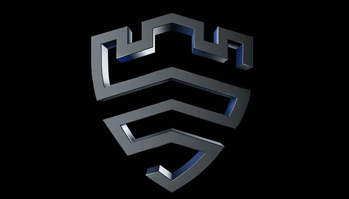 Logo stilizzato grigio scuro su sfondo nero. Ricorda uno scudo e un castello, con linee geometriche e ombre.