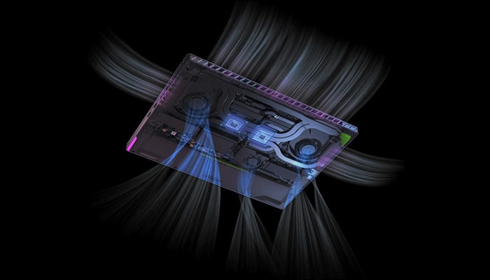 Coperchio di un laptop su sfondo nero, con componenti interni visibili e luce blu che indica il flusso d'aria.