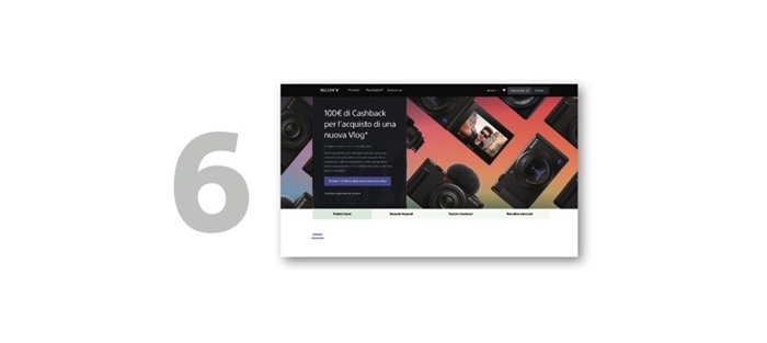 Un numero "6" grigio grande a sinistra e un sito web Sony con fotocamere e la promozione "100�  di Cashback".