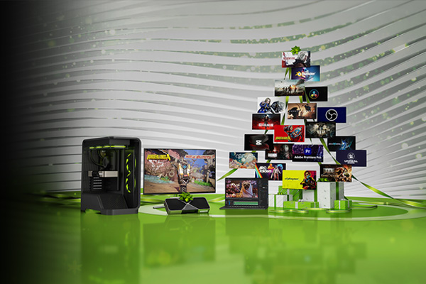 diversi prodotti nvidia posizionati in modo da formare un albero di natale su sfondo grigio verde